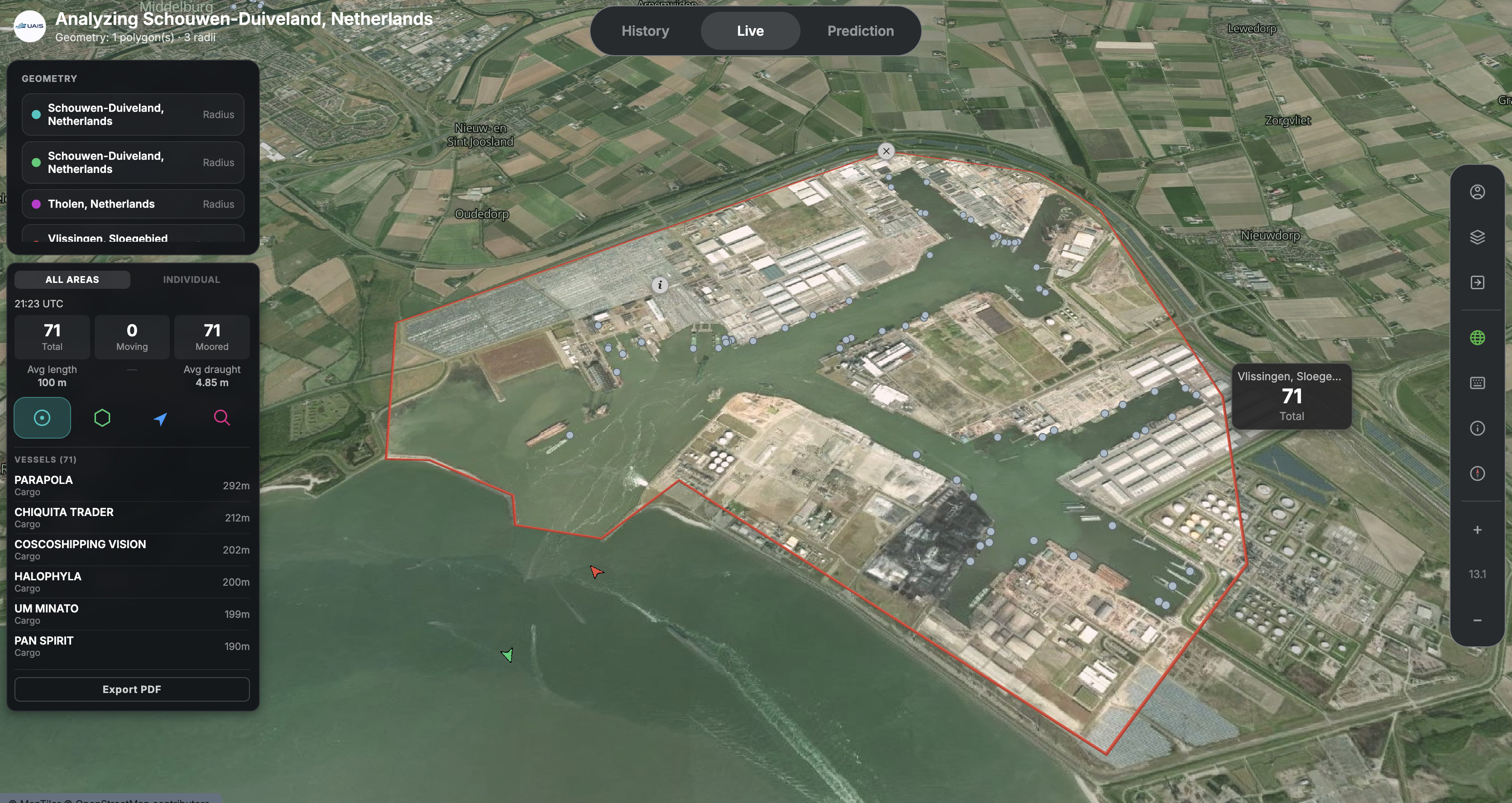 Area with live vessel counts